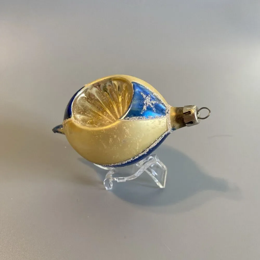 Vintage Hand-Blown Glass Christmas Ornament Teardrop Deep Indent Mica Blue Ivory